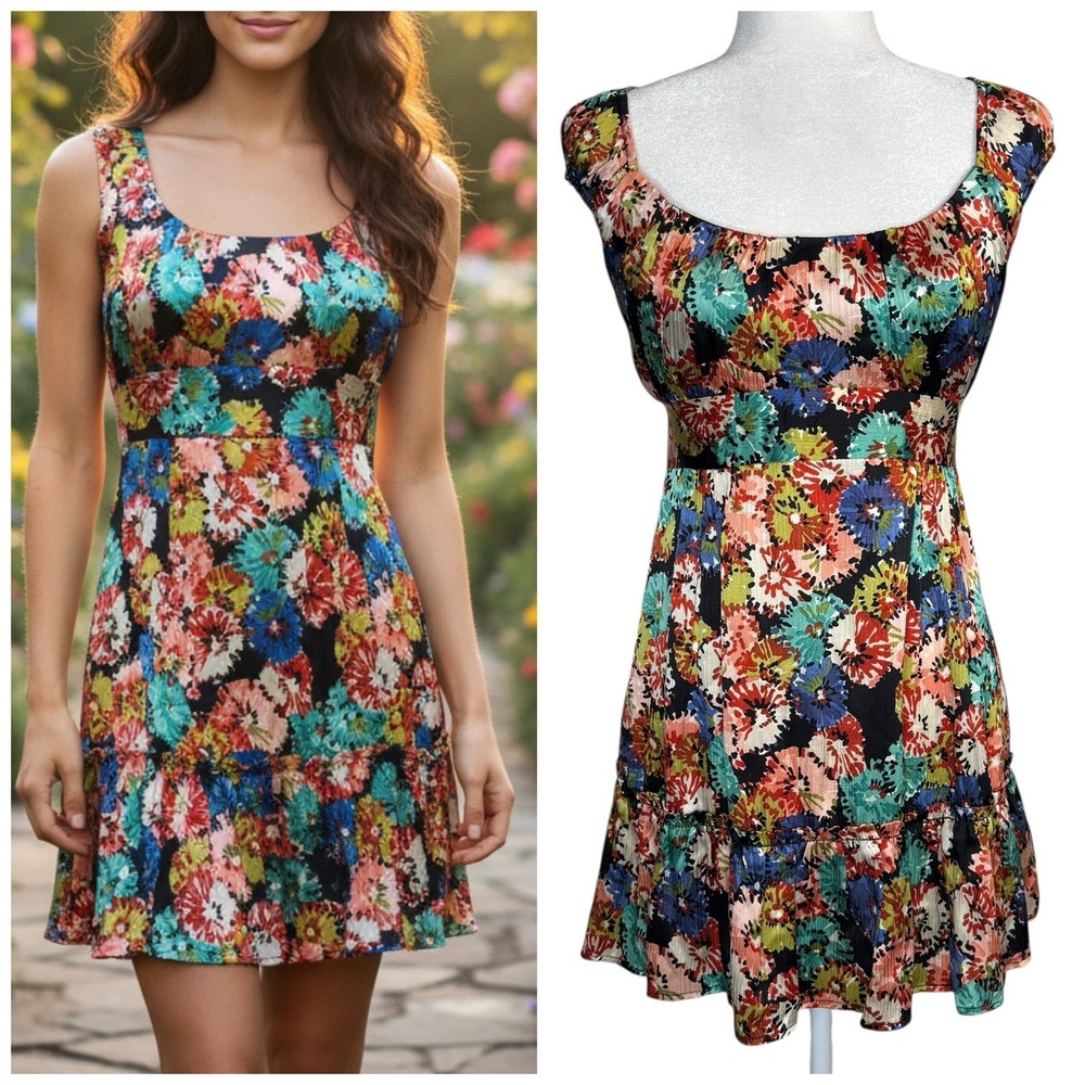 Nanette Lepore 100% Silk Mini Babydoll Dress 10 Dark Floral Tiered Whimsy Fairy